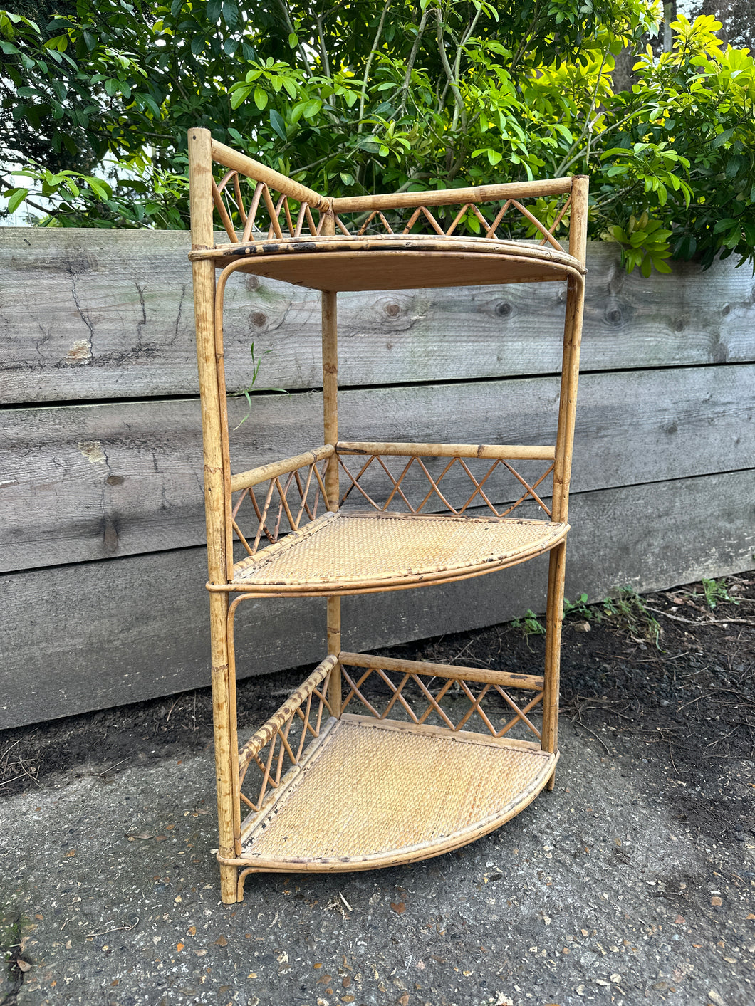 Small Bamboo and Rattan Cane Corner Shelving Unit