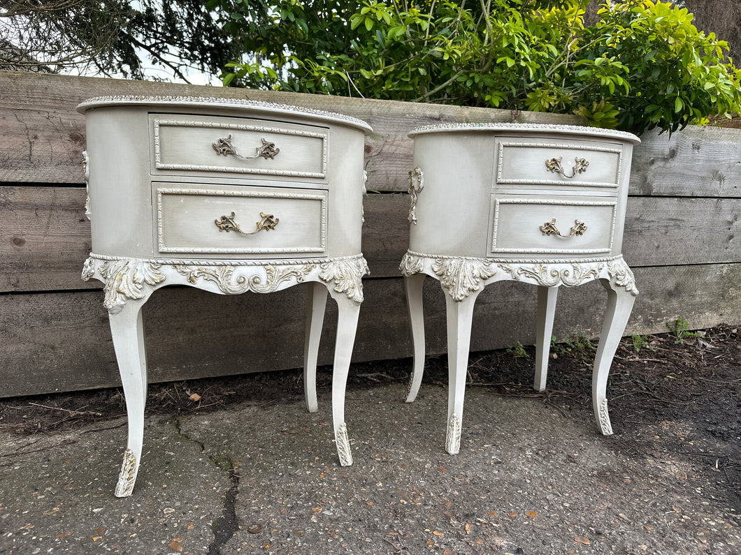 Pair Of White Painted French Style Ornate Bedside Tables