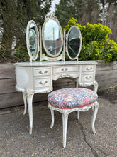 Load image into Gallery viewer, White Painted French Style Ornate Dressing Table With Triptych Mirror And Stool
