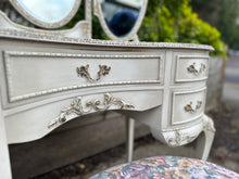 Load image into Gallery viewer, White Painted French Style Ornate Dressing Table With Triptych Mirror And Stool
