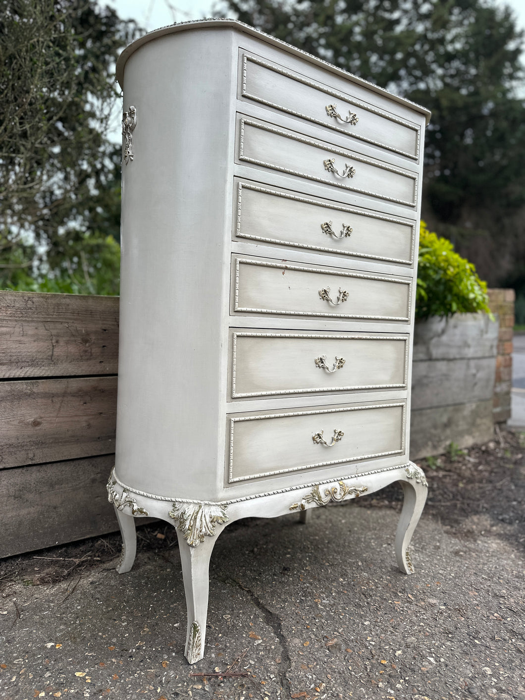 White Painted French Style OrnateTall Boy Chest Of Drawers