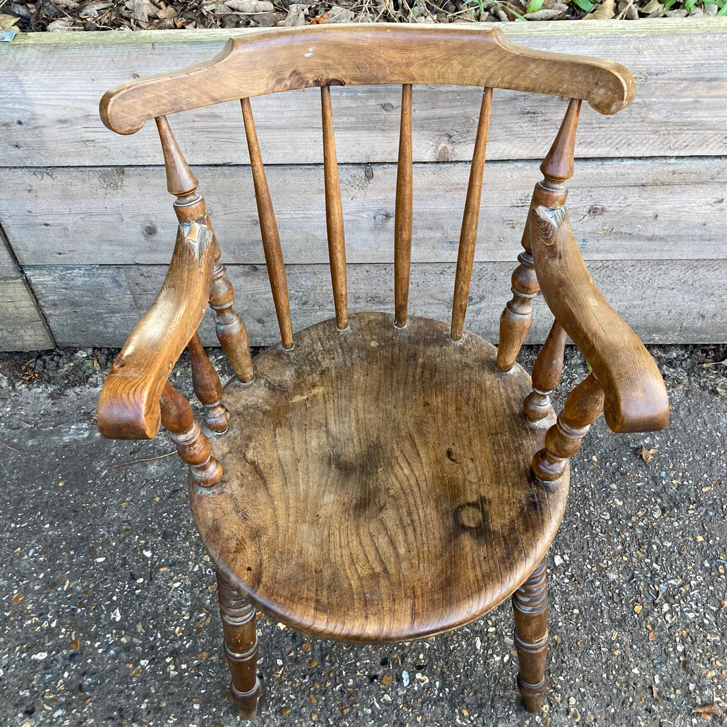 Antique Elm Wood Smokers Captains Elbow Chair
