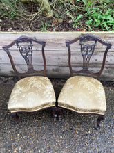 Load image into Gallery viewer, Antique Pair Of Mahogany Gold Upholstered Bedroom Chairs On Castors
