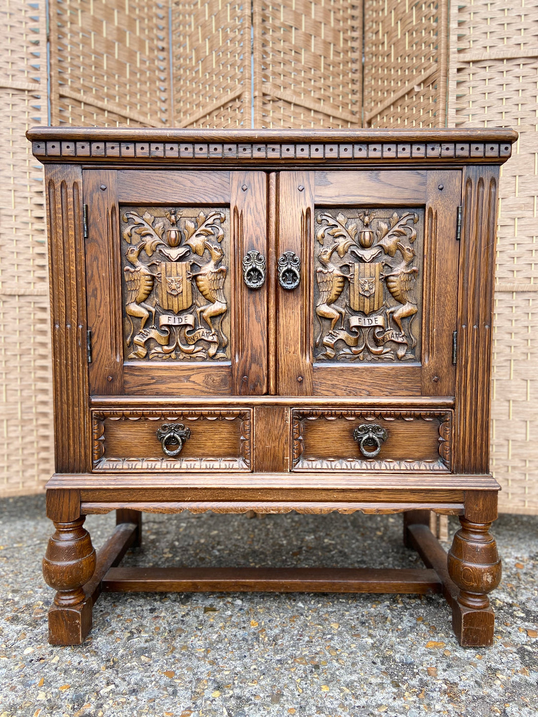 Vintage Solid Oak Cupboard With Drawers Carved Coat Of Arms