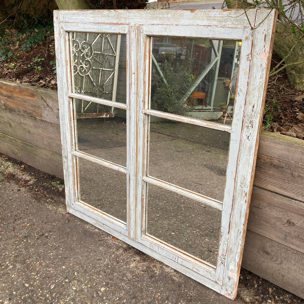 Blue Painted And Distressed Window Mirror