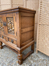 Load image into Gallery viewer, Vintage Solid Oak Cupboard With Drawers Carved Coat Of Arms

