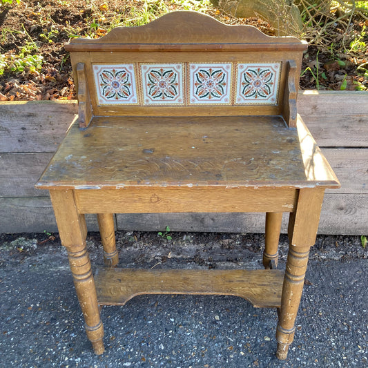 Vintage Satin Wood Wash Stand With Tiled Splash Back And Shelf