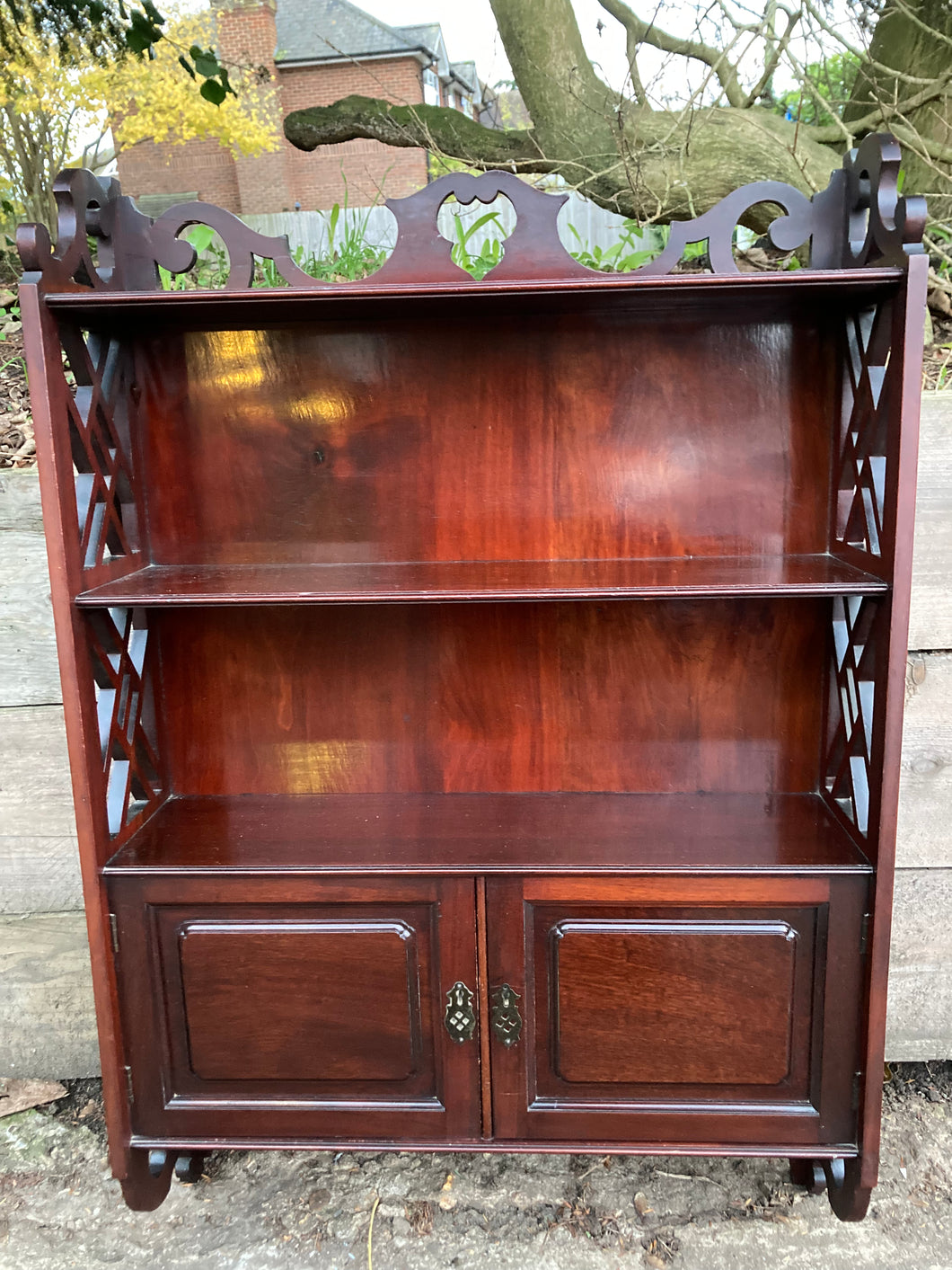 Solid Mahogany Wall Shelving Unit With Cupboard