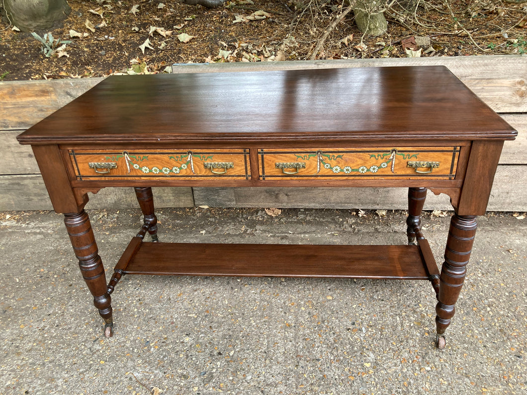 Antique Mahogany Desk Console Table On Turned Legs And Castors
