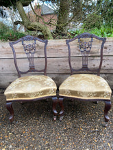 Load image into Gallery viewer, Antique Pair Of Mahogany Gold Upholstered Bedroom Chairs On Castors
