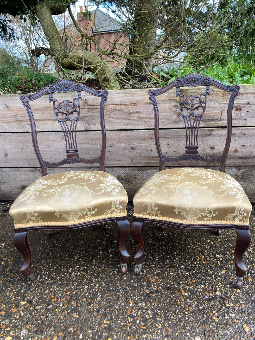 Antique Pair Of Mahogany Gold Upholstered Bedroom Chairs On Castors