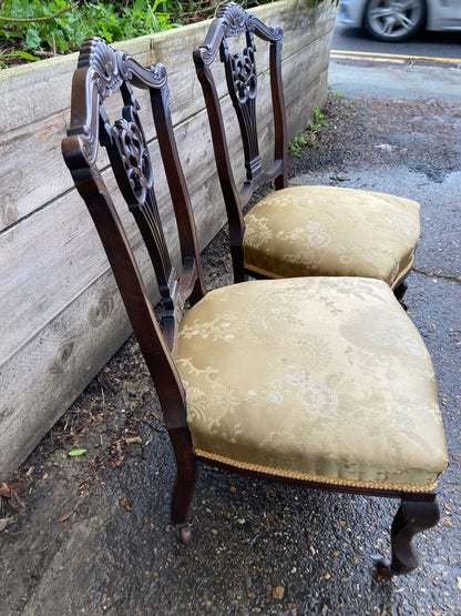 Antique Pair Of Mahogany Gold Upholstered Bedroom Chairs On Castors