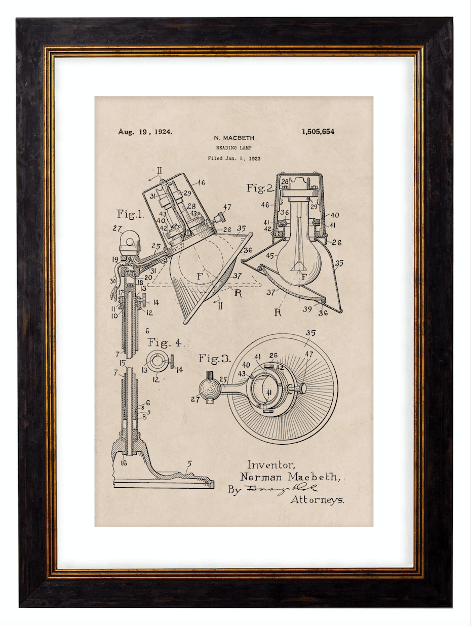 Victorian Reading Lamp Patent Design, Print of Vintage Illustrated Lamp Blueprint - 1900s Artwork Print. Framed Wall Art PictureVintage Frog T/APictures & Prints
