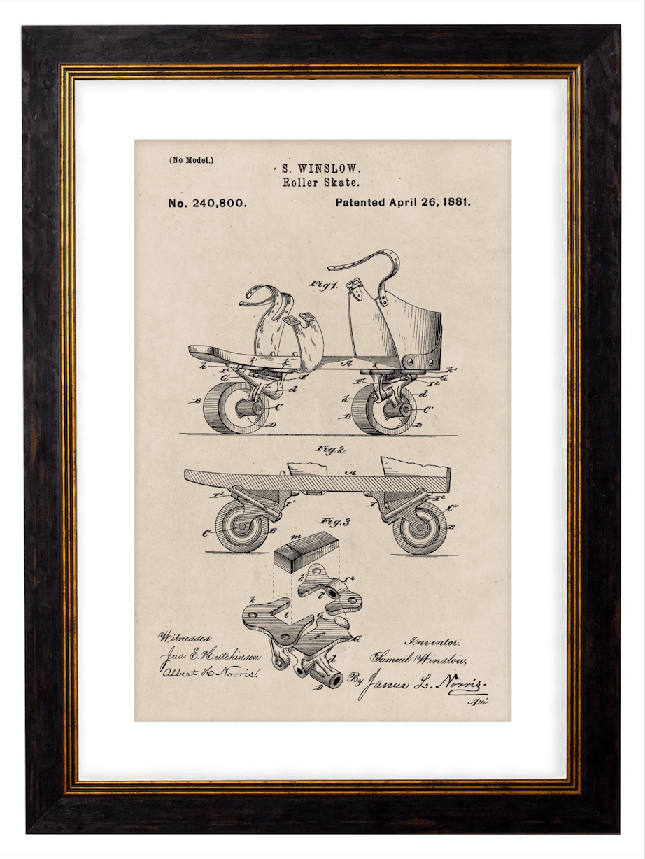 Victorian Roller Skate Patent Design, Print of Vintage Illustrated Roller Skate - 1900s Artwork Print. Framed Wall Art PictureVintage Frog T/APictures & Prints