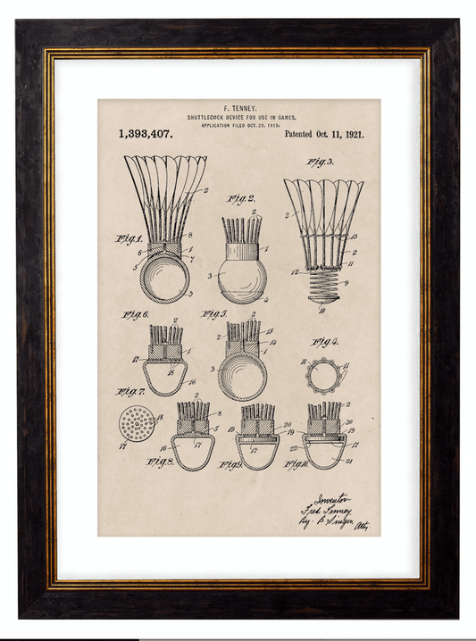 Victorian Shuttlecock Patent Design, Print of Vintage Illustrated Shuttlecock - 1900s Artwork Print. Framed Wall Art PictureVintage Frog T/APictures & Prints